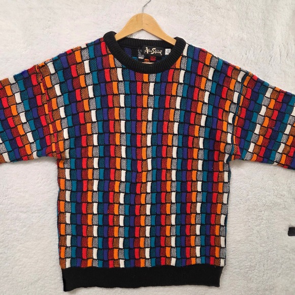 Alan Stuart Mens Knit Sweater Multicolor Checkerboard Pattern Long Sleeve Size L - Picture 3 of 7